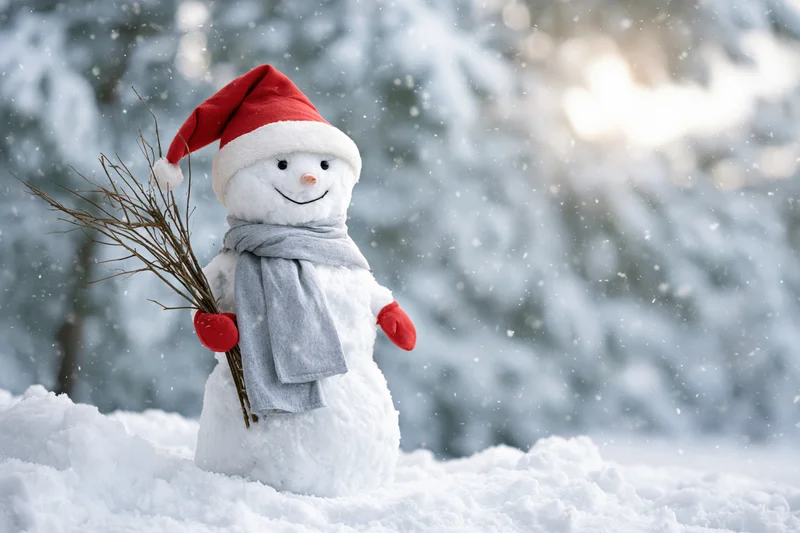 Cheerful snowman wearing red santa hat and grey scarf standing in snow-covered forest during snowfall
