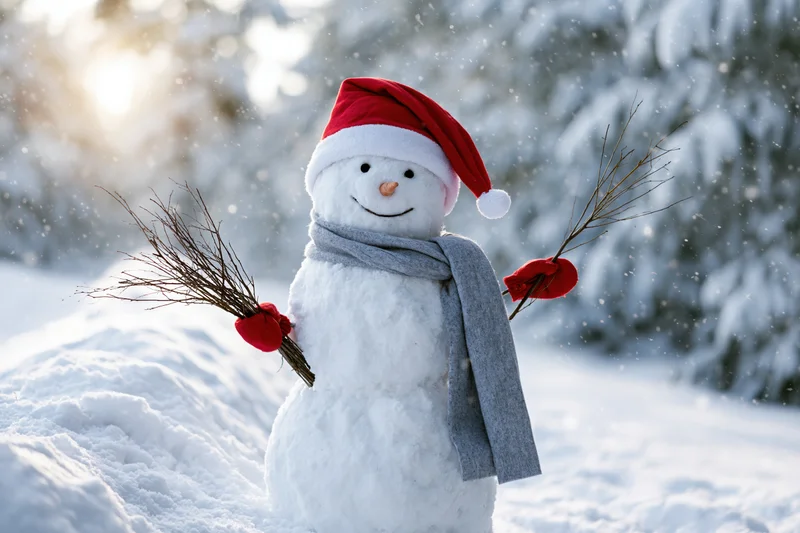 Cheerful snowman wearing red santa hat and grey scarf standing in snowy forest with branches for arms