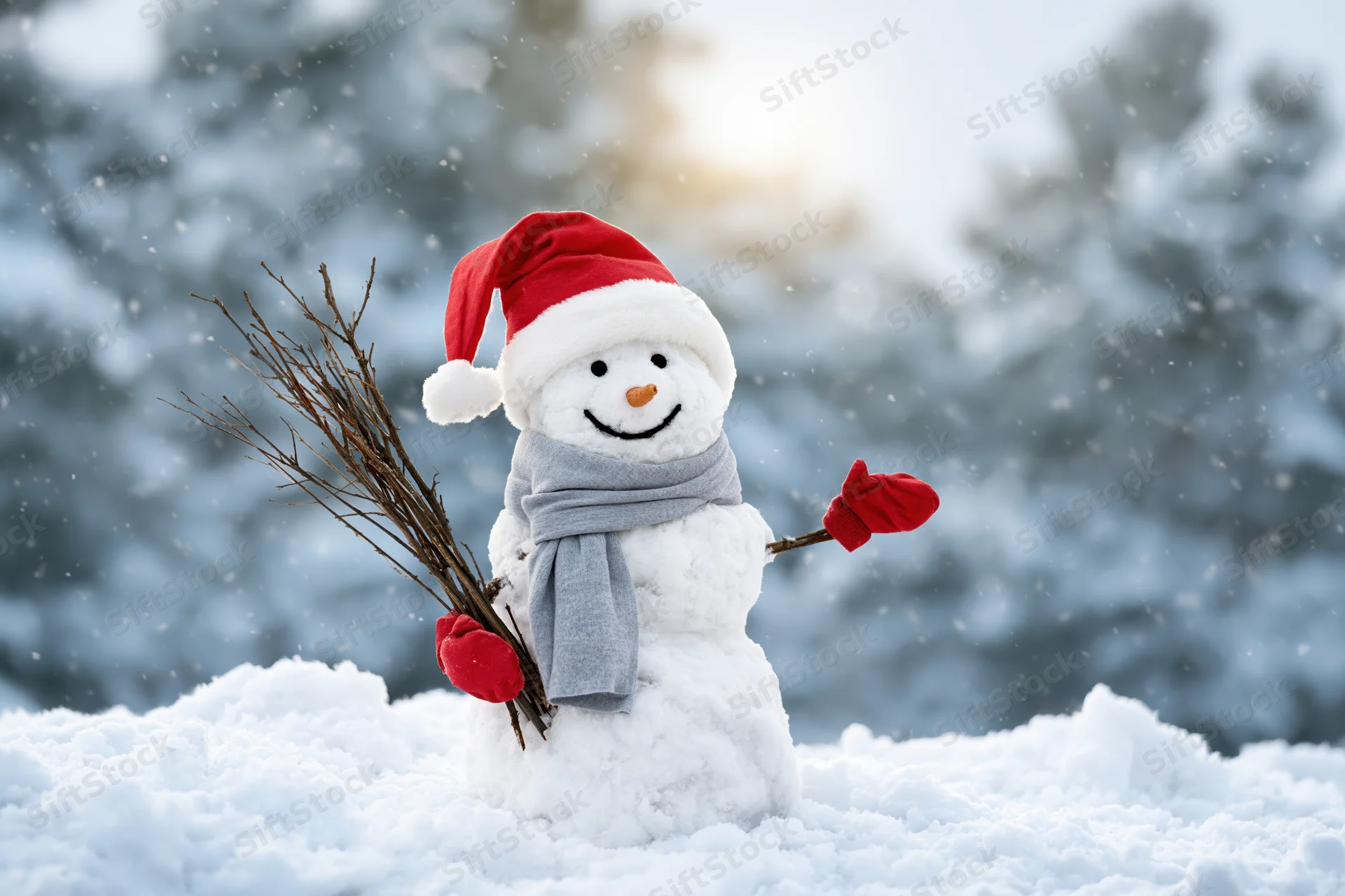 Cheerful snowman wearing red santa hat and grey scarf standing in snow with branches and mittens in snowy forest