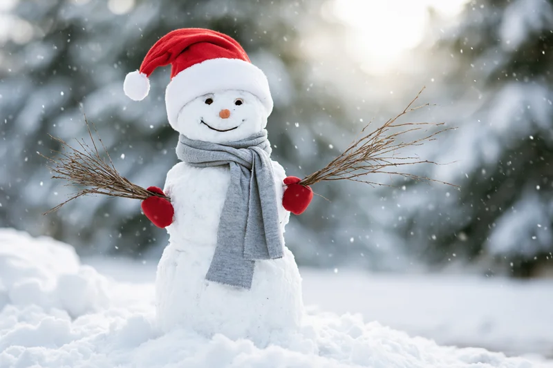 Cheerful snowman wearing red santa hat and gray scarf standing in snowy forest during snowfall