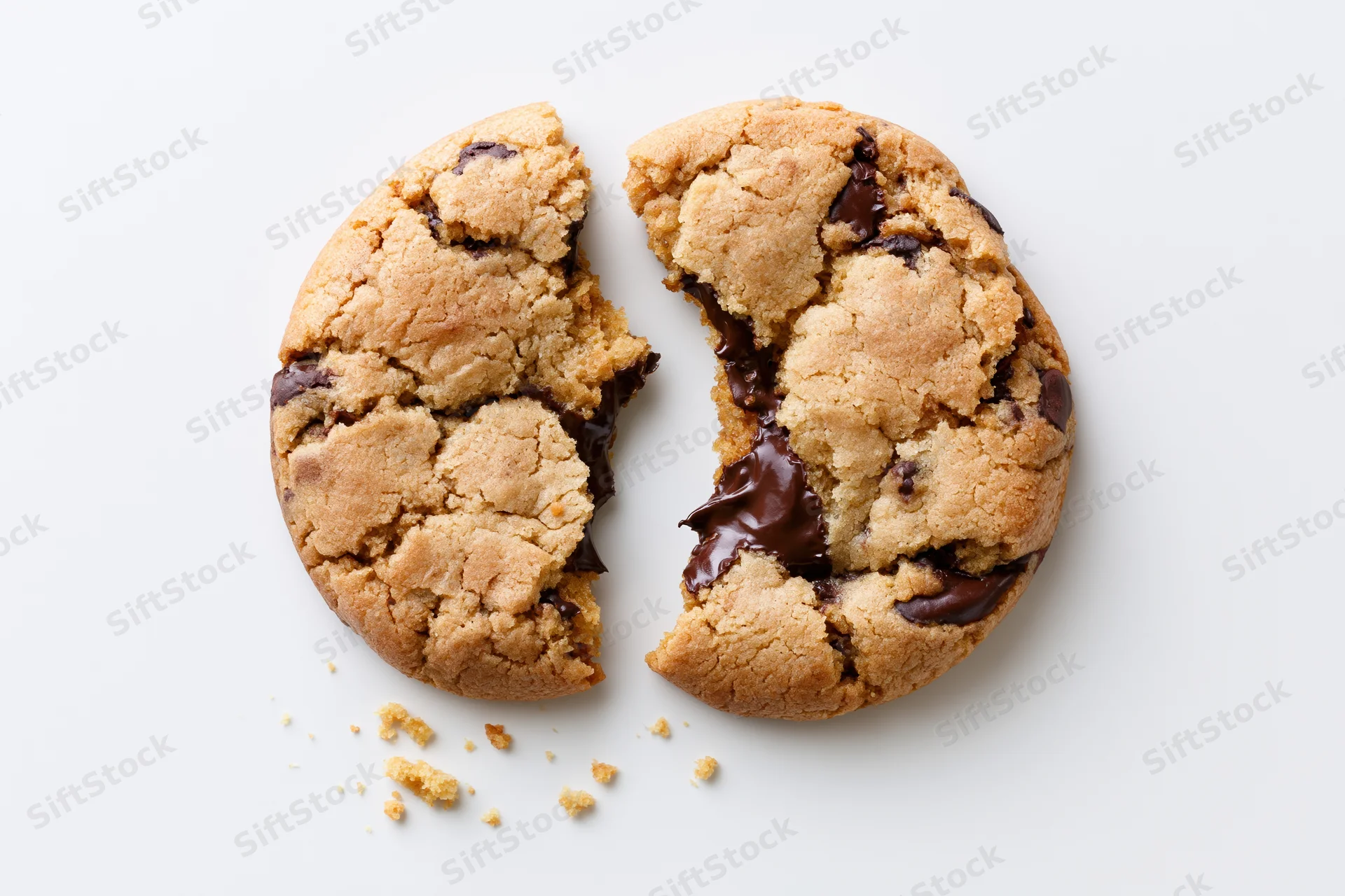 Chocolate chip cookie broken in half with melted chocolate and crumbs on white background