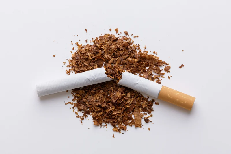 Broken cigarette snapped in half with shredded tobacco on white background