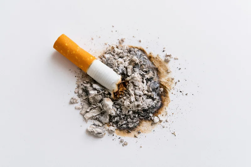 Cigarette stub with ash and burnt residue on white surface