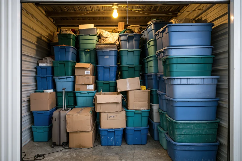 Cluttered self-storage unit packed floor to ceiling with stacked plastic bins and cardboard boxes, interior view