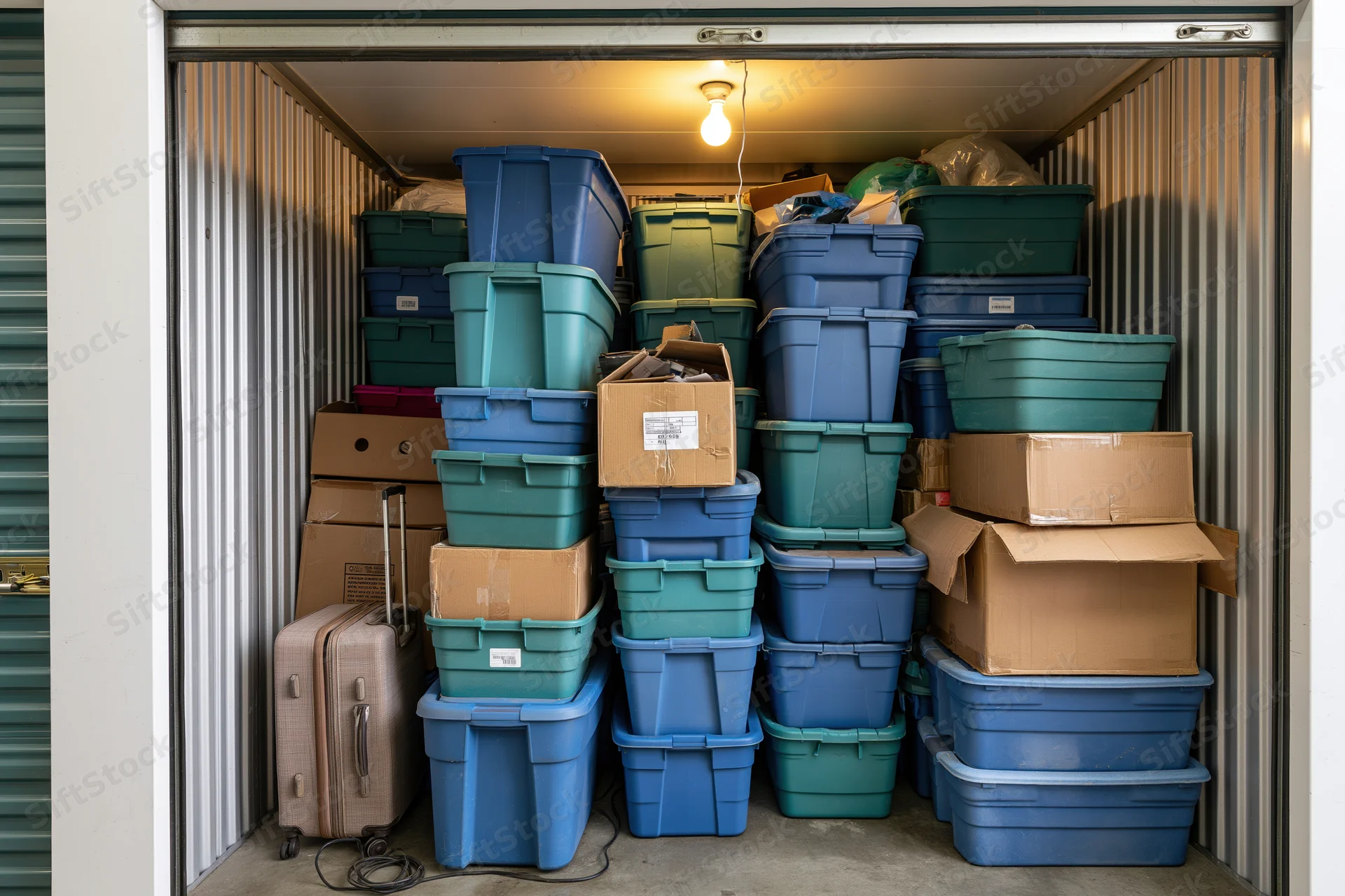 Cluttered self-storage unit packed floor to ceiling with stacked plastic bins, cardboard boxes, and a suitcase inside a metal container with overhead lighting