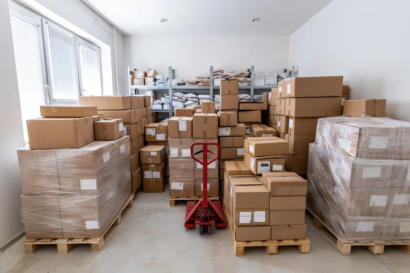 Stacked cardboard boxes on pallets in a warehouse storage room with a red pallet jack and metal shelves in the background