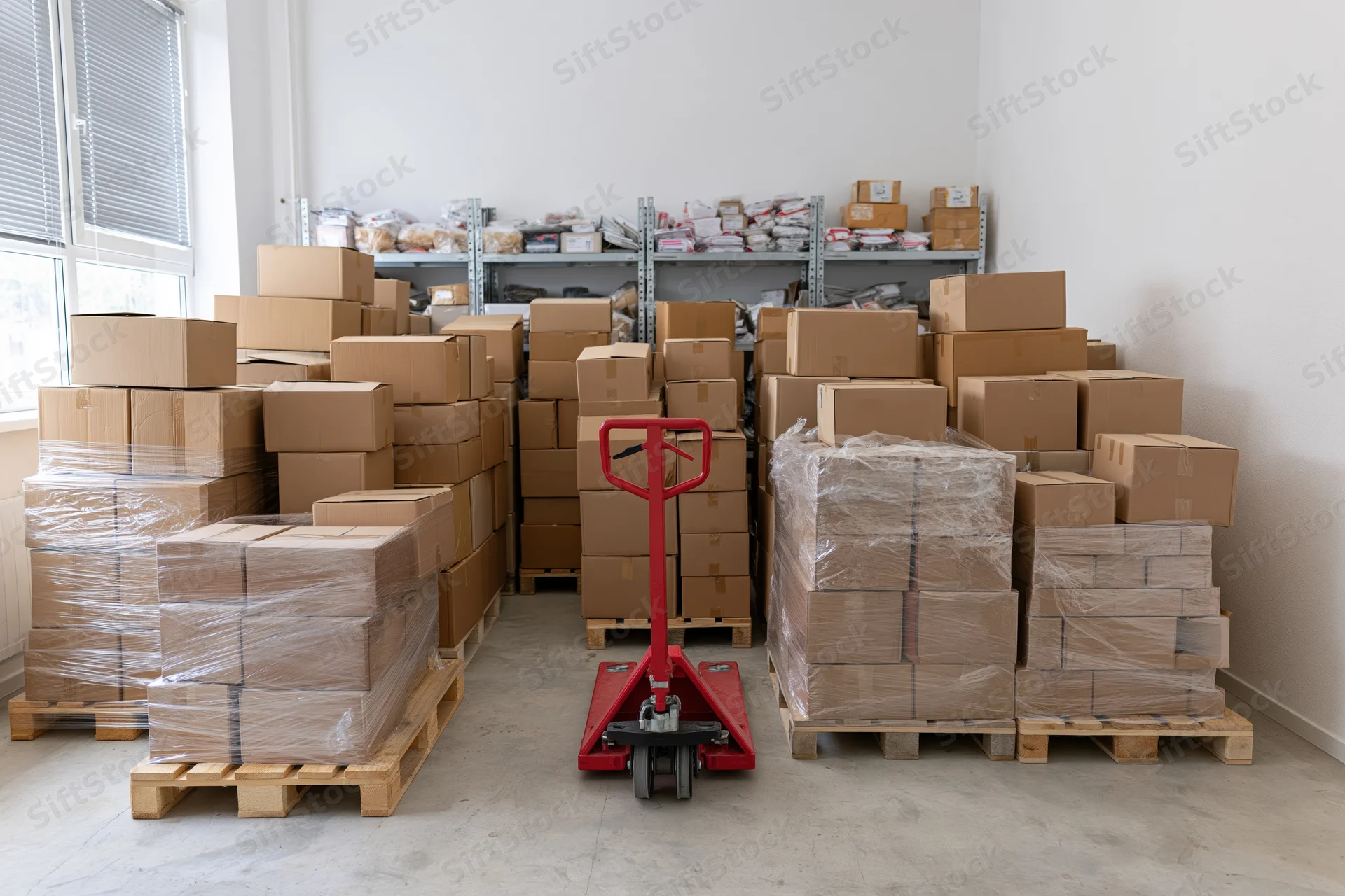 Stacks of cardboard boxes on pallets in a warehouse storage room with a red pallet jack in the center