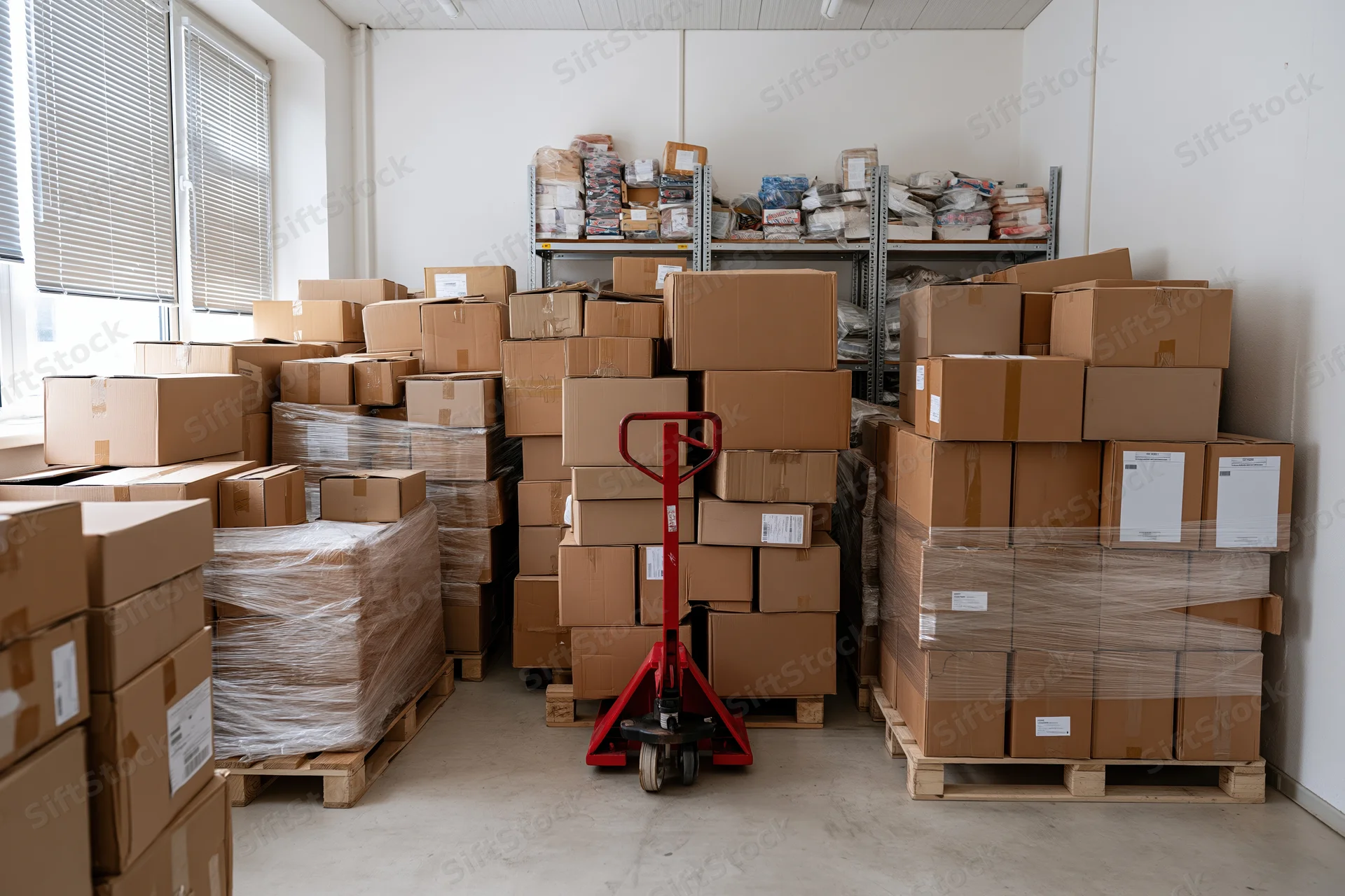 Stacked cardboard boxes on pallets in a small warehouse storage room with a red hand truck and metal shelving in the background