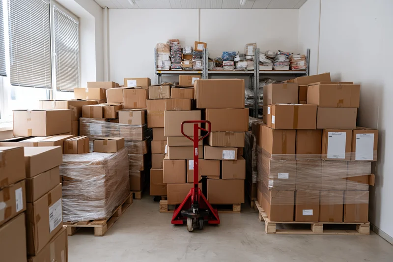 Stacked cardboard boxes on pallets in a small warehouse storage room with a red hand truck and metal shelving in the background