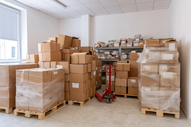 Stacked cardboard boxes on pallets in a small warehouse storage room with a red pallet jack and shelving units