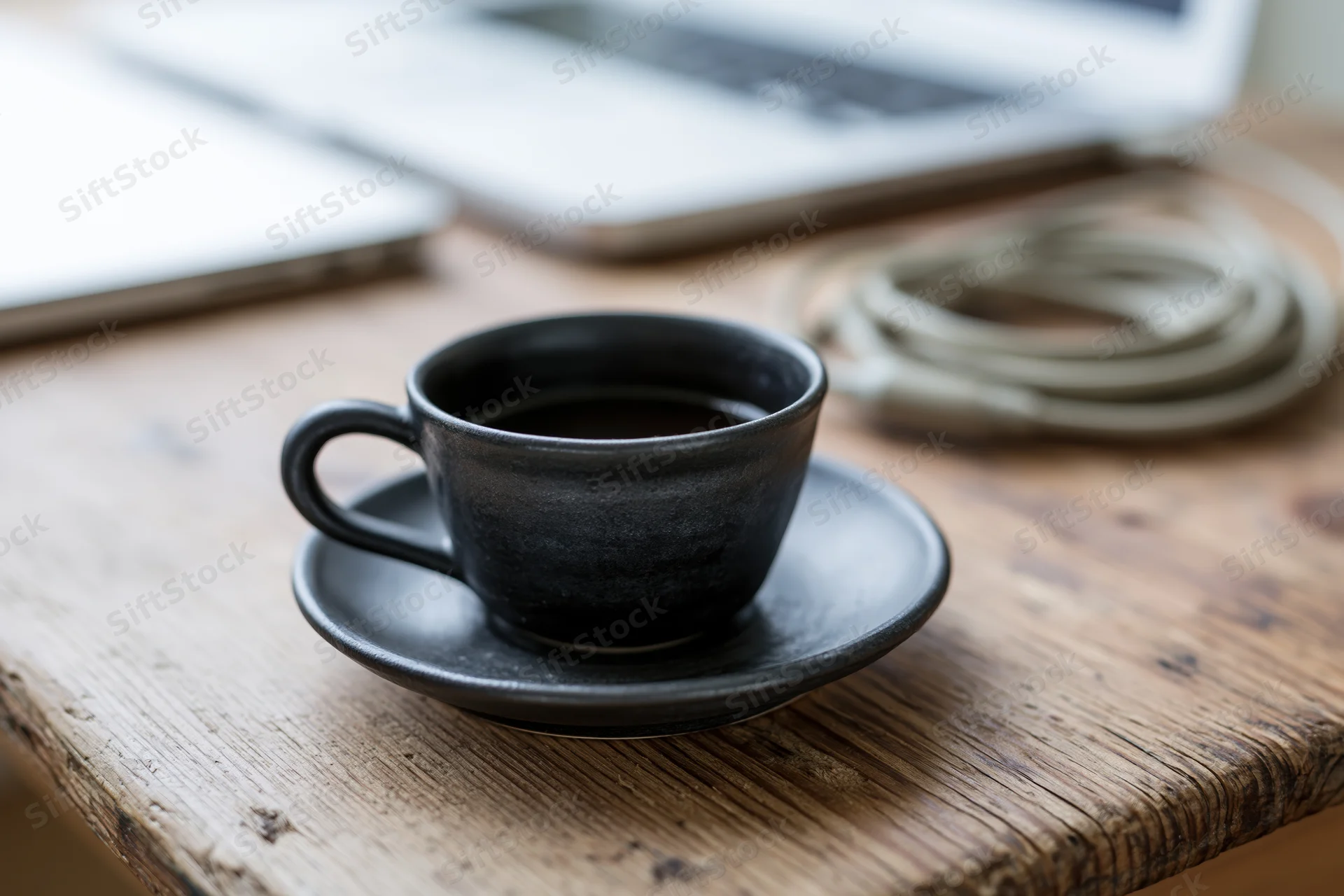 Dark ceramic espresso cup on matching saucer on wooden desk with laptop and coiled cable in background