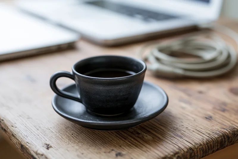 Dark ceramic espresso cup on matching saucer on wooden desk with laptop and coiled cable in background