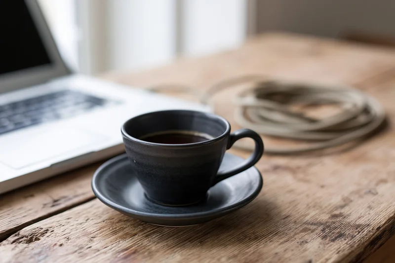 Dark ceramic espresso cup on matching saucer on wooden desk beside laptop and coiled cable