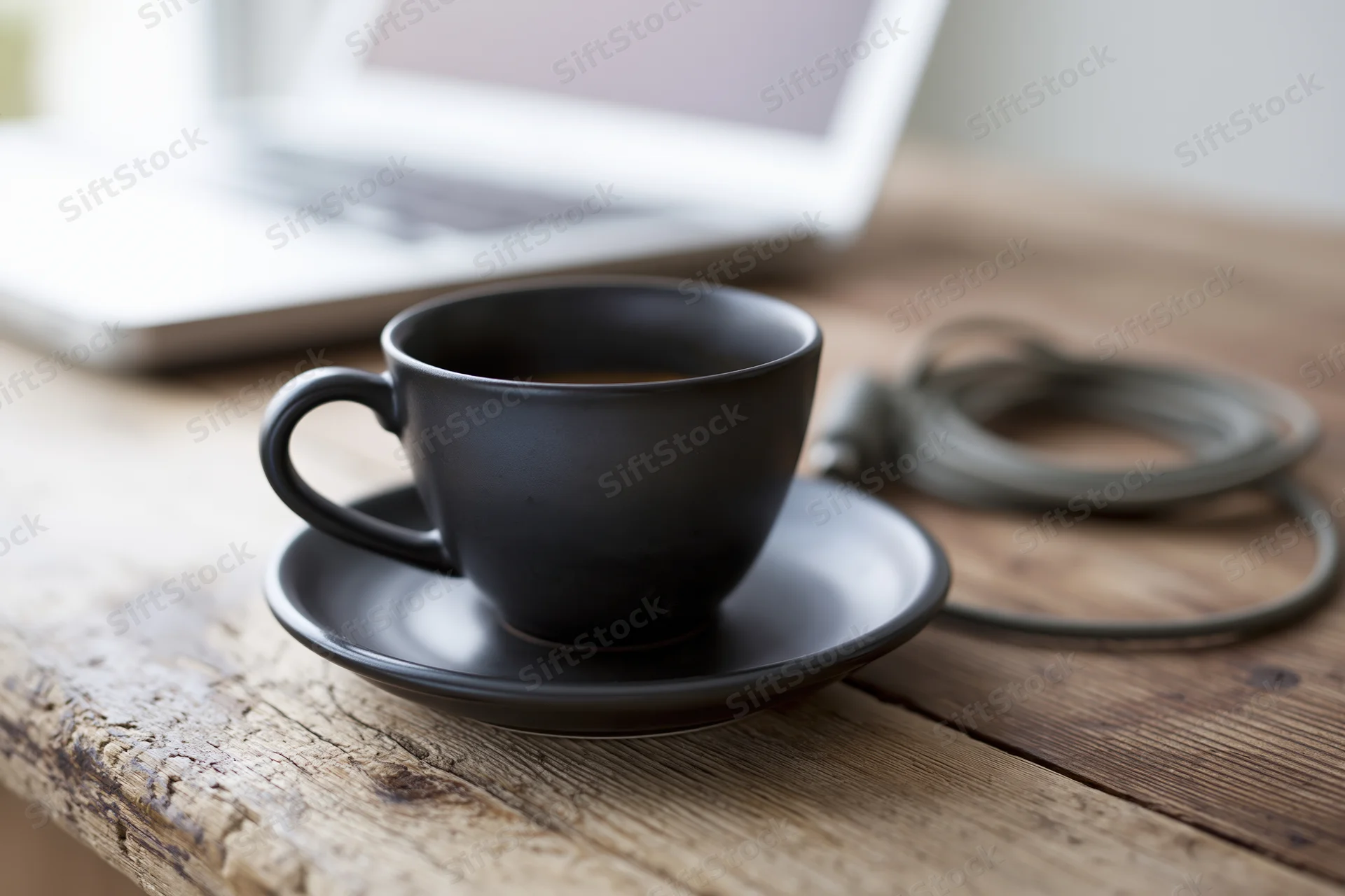 Dark ceramic espresso cup on matching saucer on wooden desk beside laptop and coiled cable