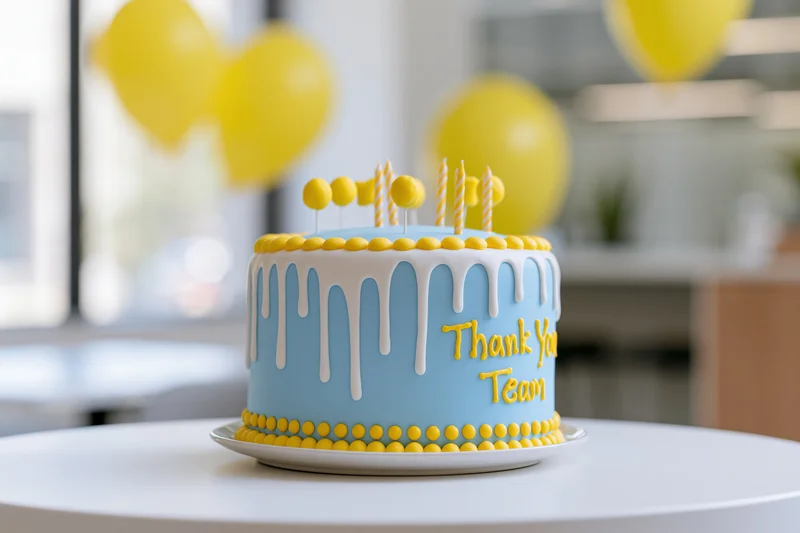 Blue and yellow decorated cake with thank you team message on white table in office setting with balloons