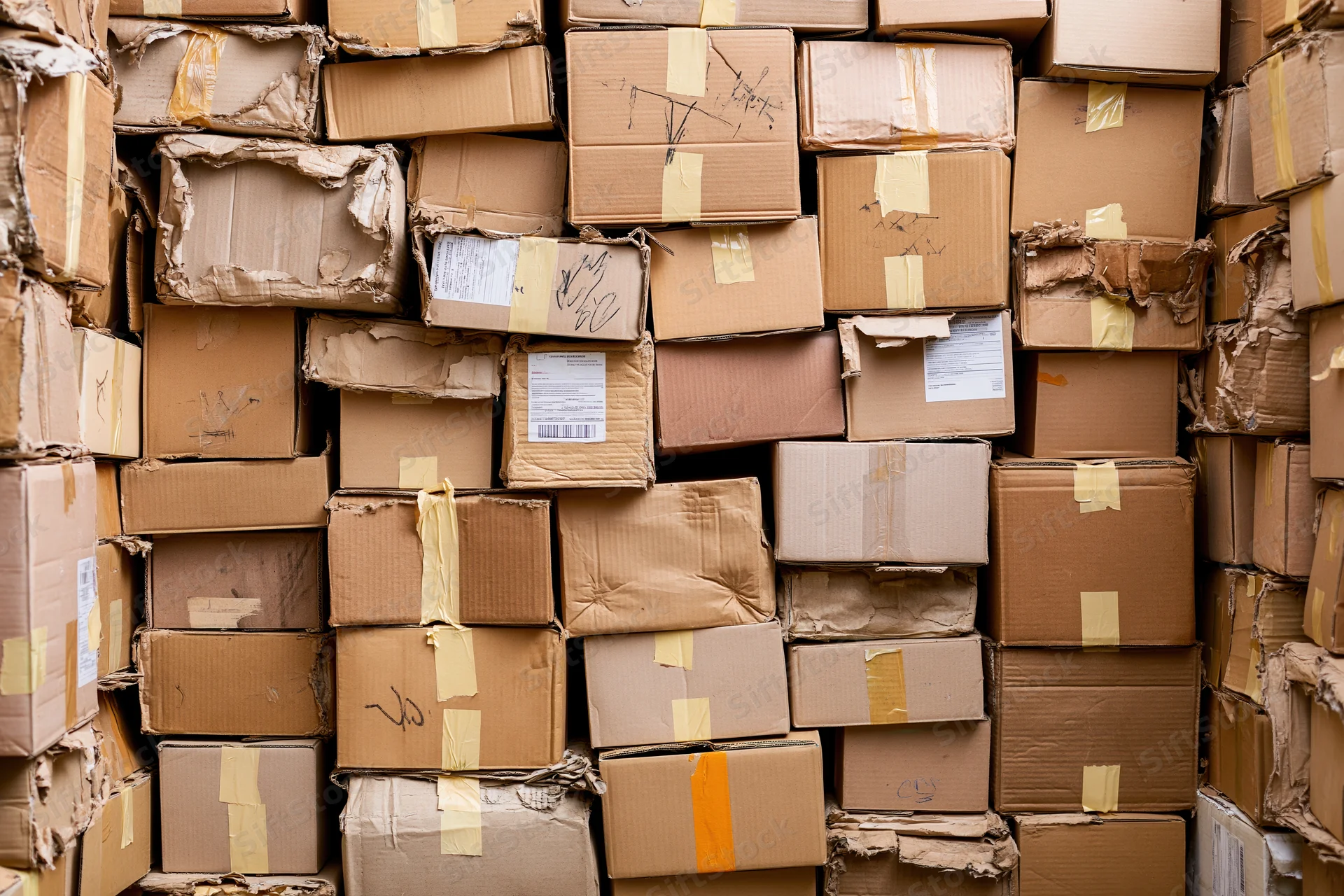Dense wall of stacked used cardboard boxes filling the frame
