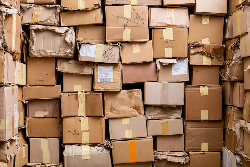Dense wall of stacked used cardboard boxes filling the frame