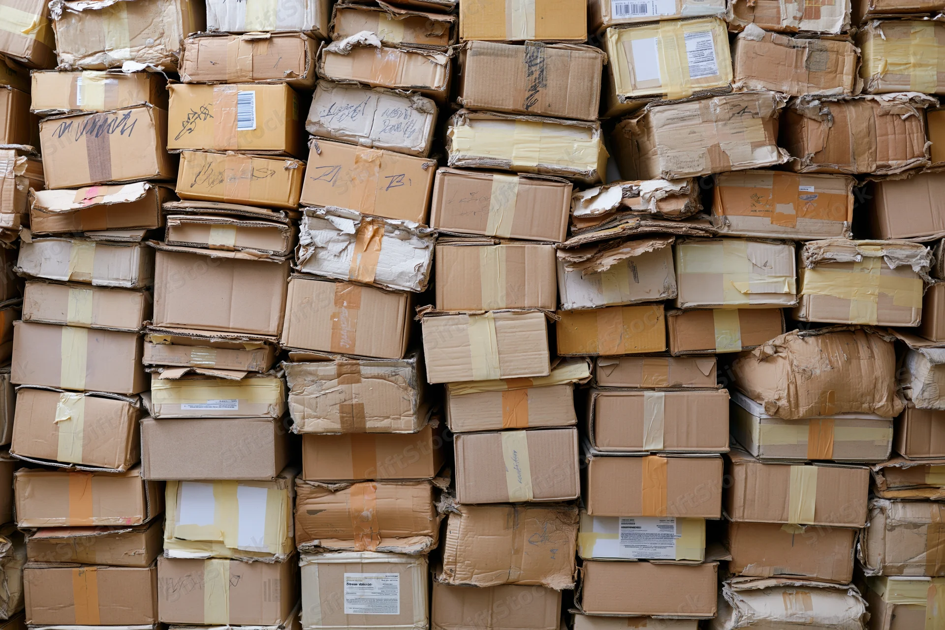 Dense wall of stacked used cardboard boxes filling the frame