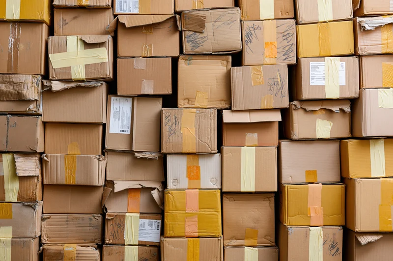 Dense wall of stacked used cardboard boxes filling the frame