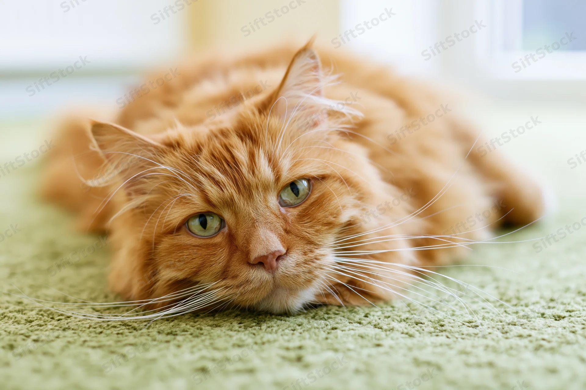 Fluffy orange tabby cat lying relaxed on soft green carpet indoors