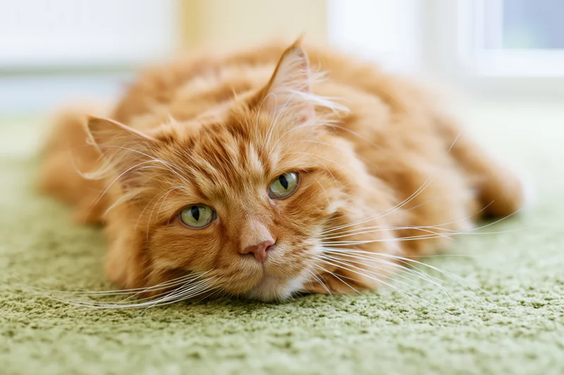 Fluffy orange tabby cat lying relaxed on soft green carpet indoors