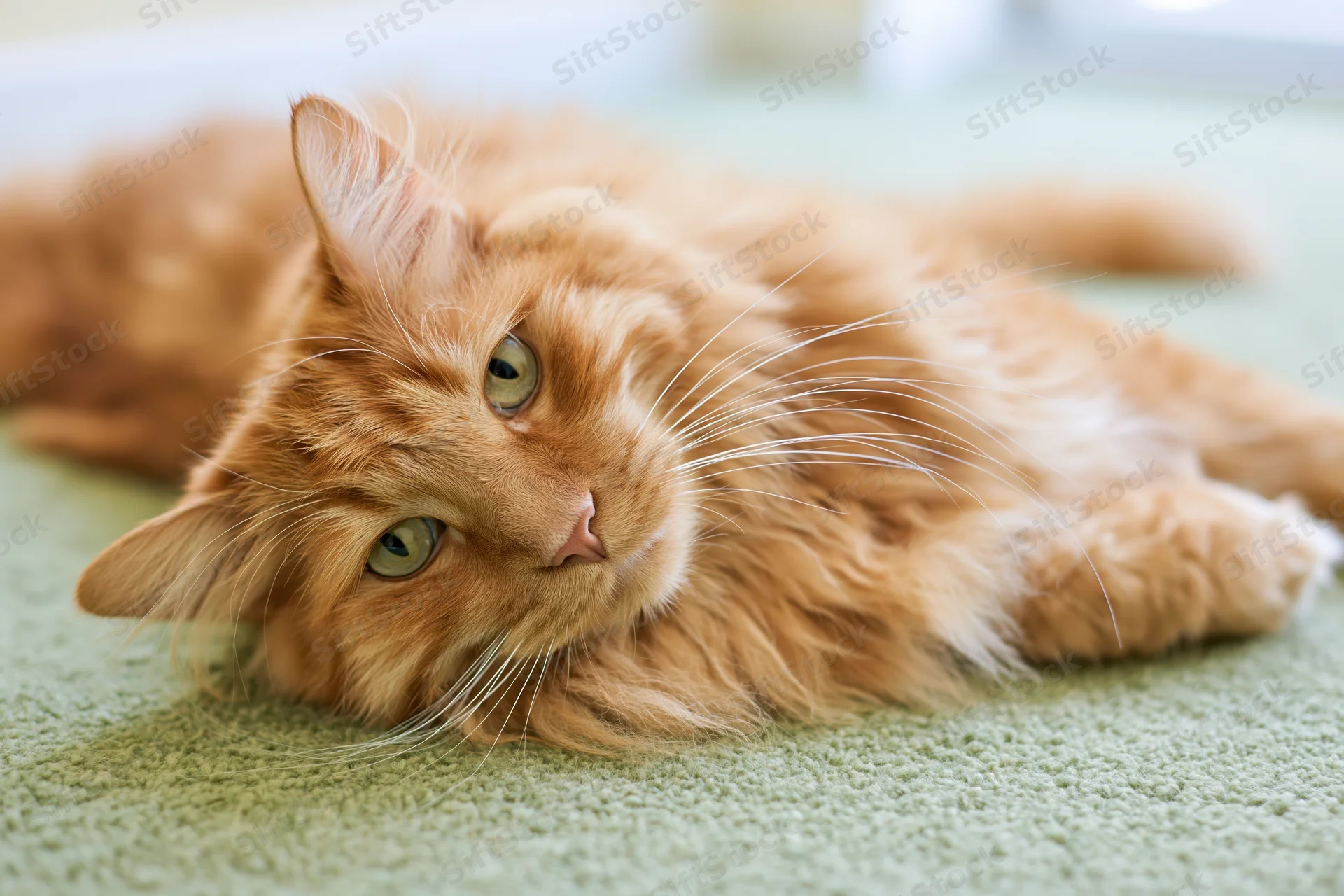 Fluffy orange tabby cat lying relaxed on soft green carpet