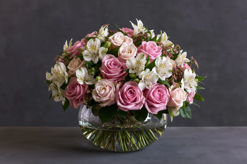 Pink roses and white alstroemeria arranged in a glass vase on a gray surface