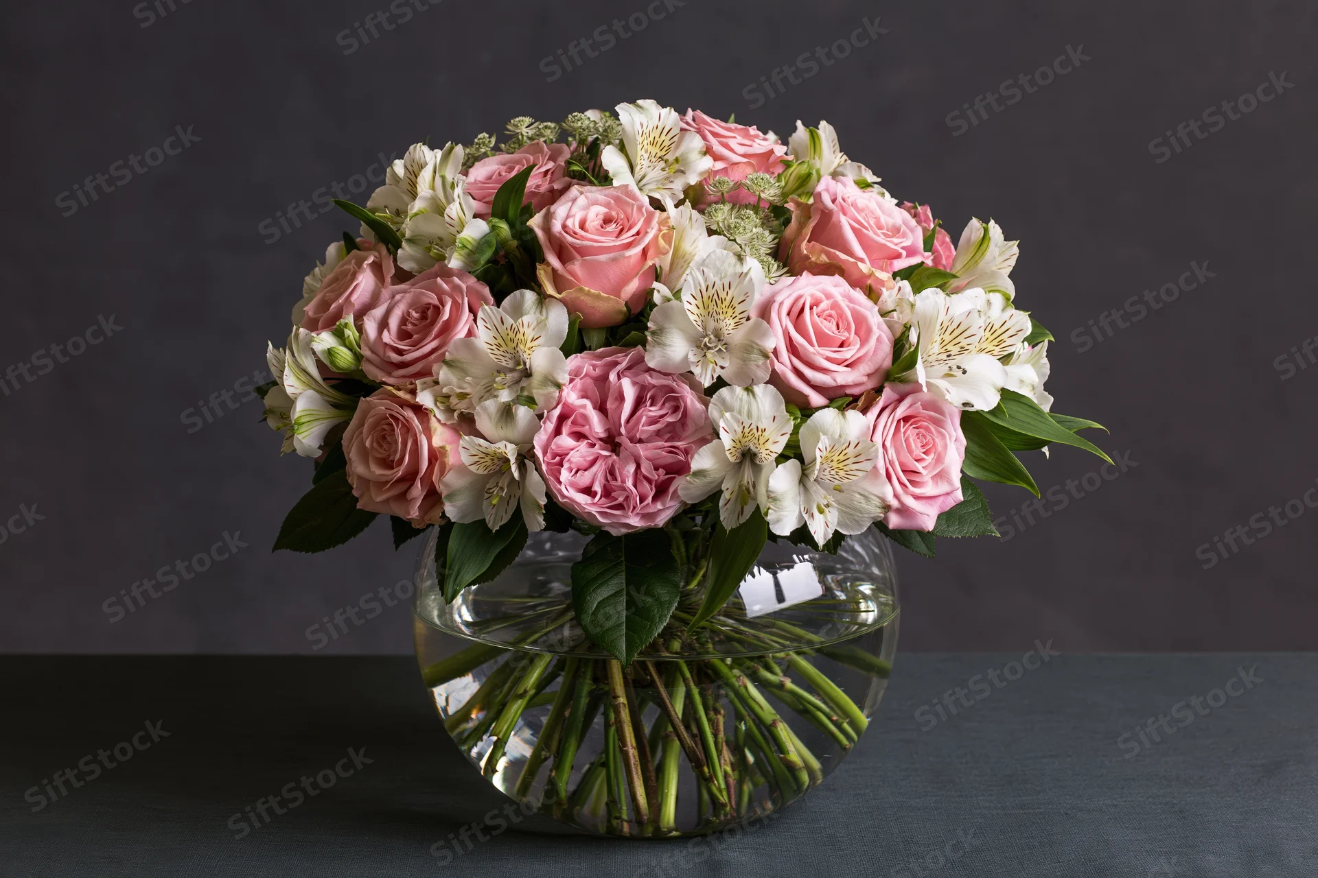 Pink roses and white alstroemeria arranged in a glass vase on a dark table