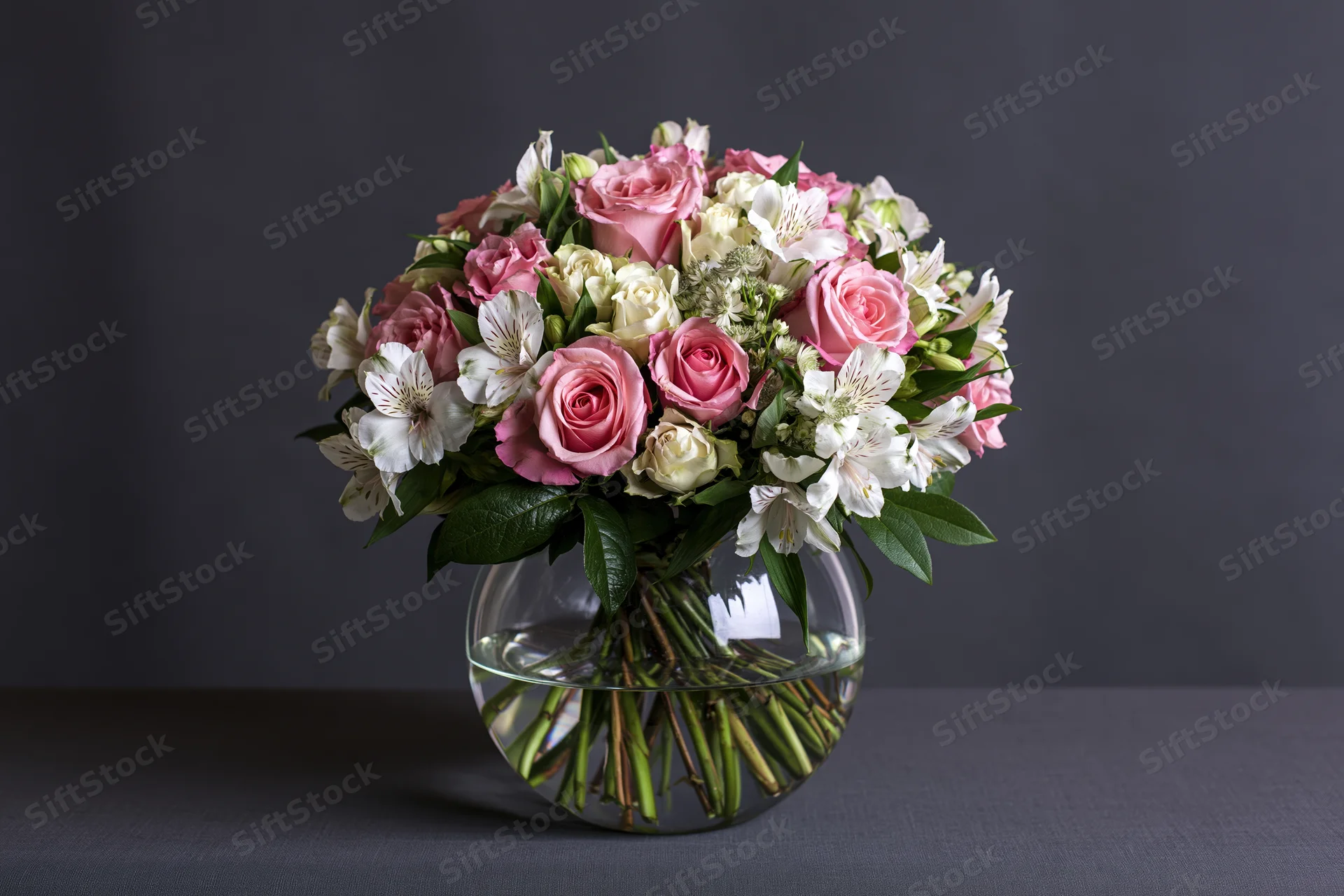 A floral bouquet of pink roses and white alstroemeria in a glass vase on a dark surface