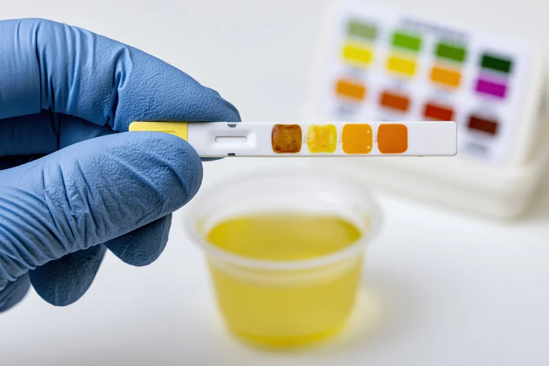 Gloved hand holding urine dipstick test strip above a cup of yellow liquid with color chart in background