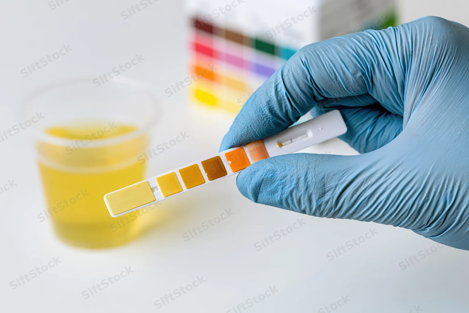 Gloved hand holding urine dipstick test strip next to sample cup in lab setting