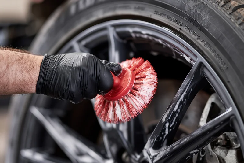 Hand in black glove scrubbing car wheel with red brush and soap foam