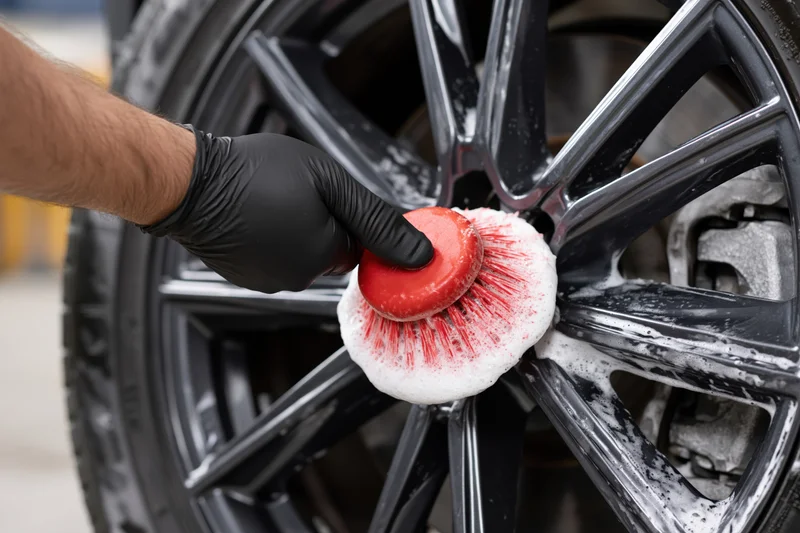 Hand in black glove scrubbing car wheel with red detailing brush and white foam