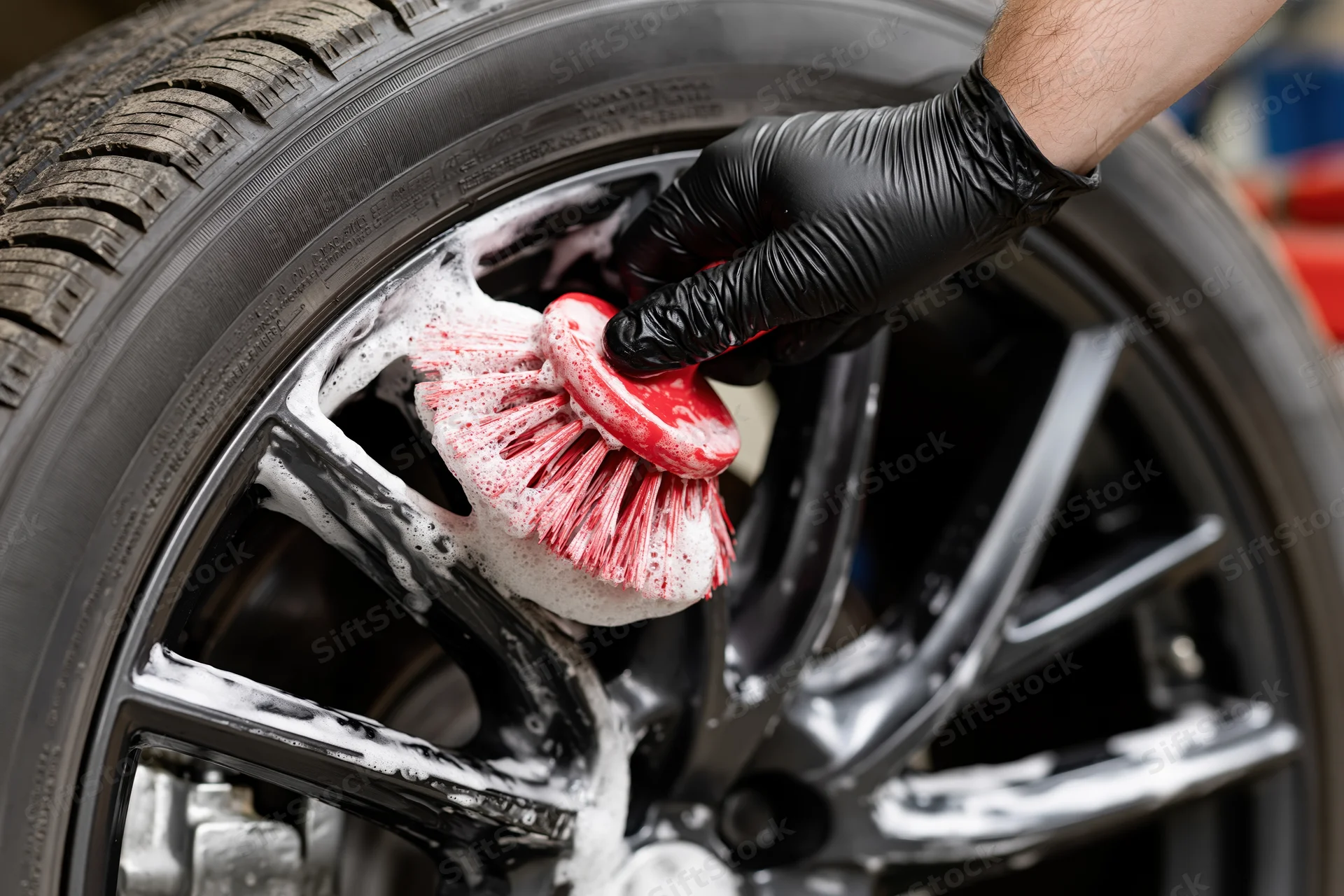 Hand in black glove scrubbing car wheel with red brush and white foam