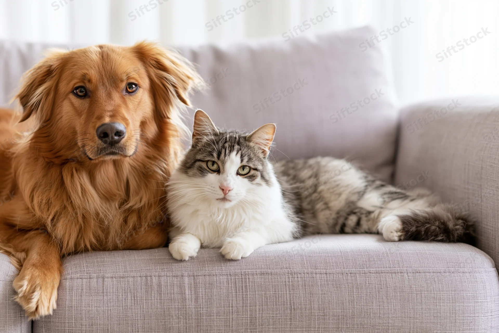 Golden-brown dog and tabby cat resting side by side on a gray couch in a living room