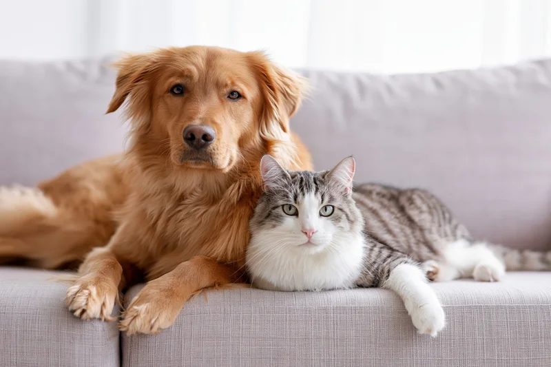 Golden-brown mixed breed dog and tabby cat resting side by side on a gray couch