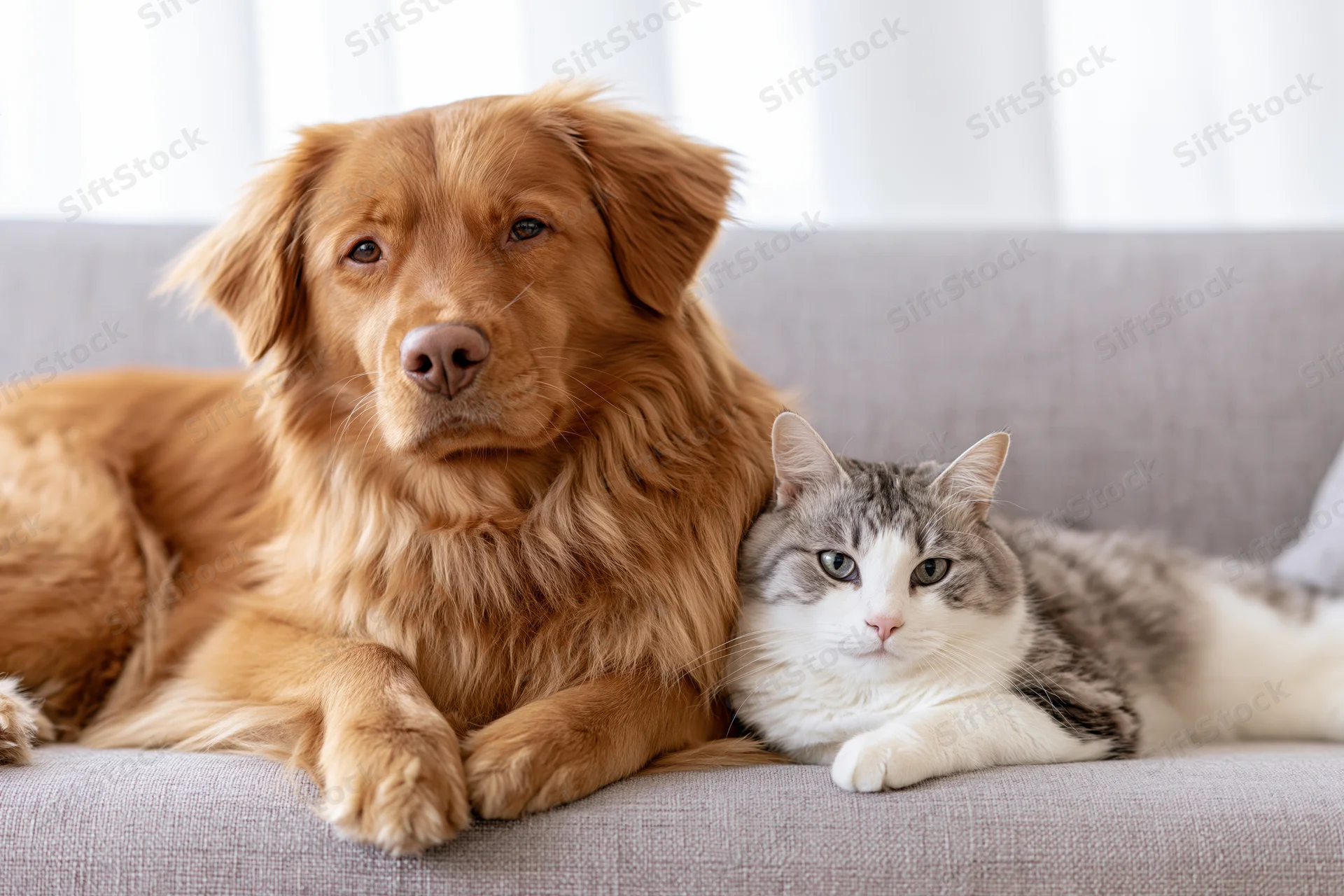 Golden-brown dog and tabby cat lying side by side on a gray couch indoors