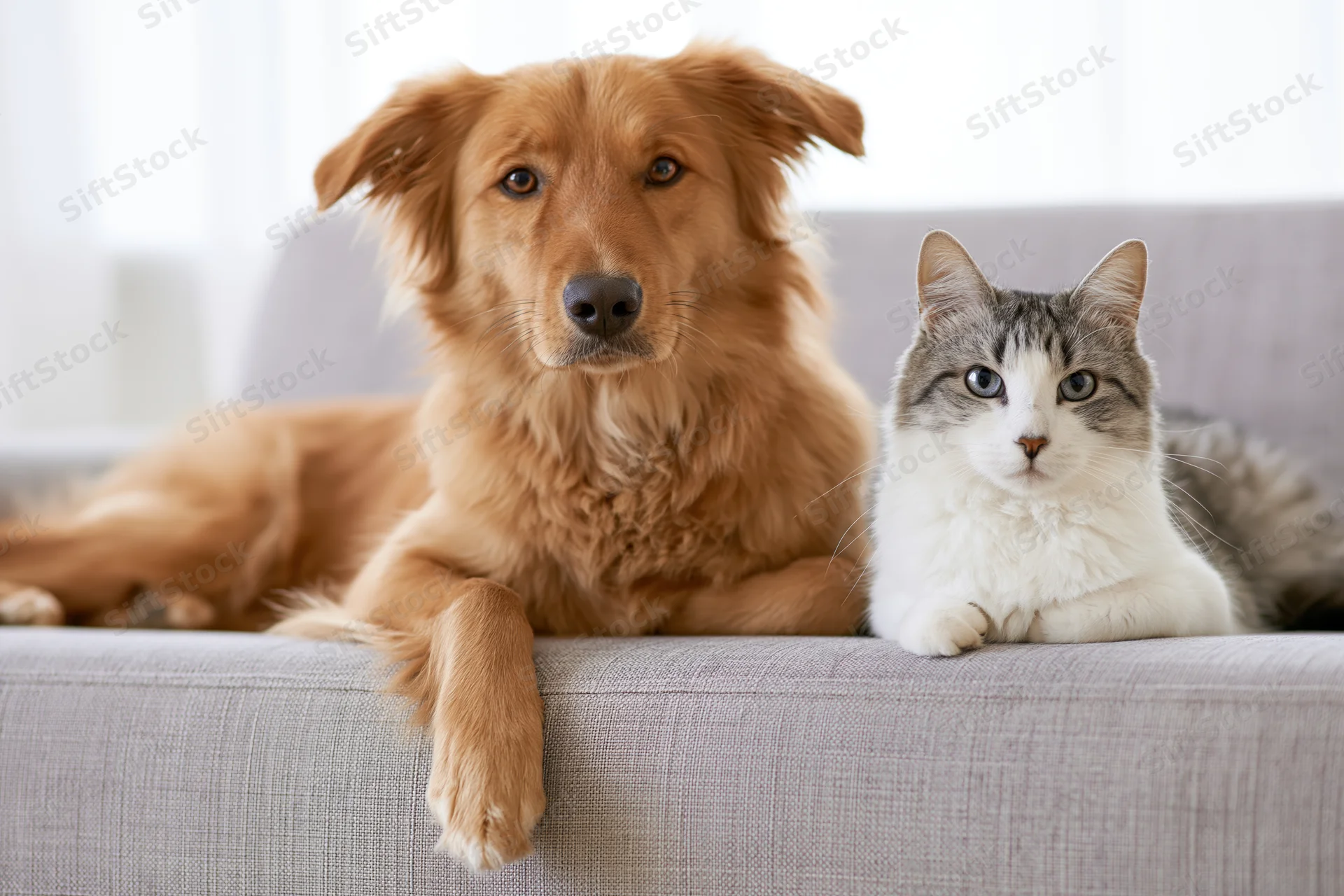 Golden-brown mixed breed dog and tabby cat resting side by side on a gray couch in a living room
