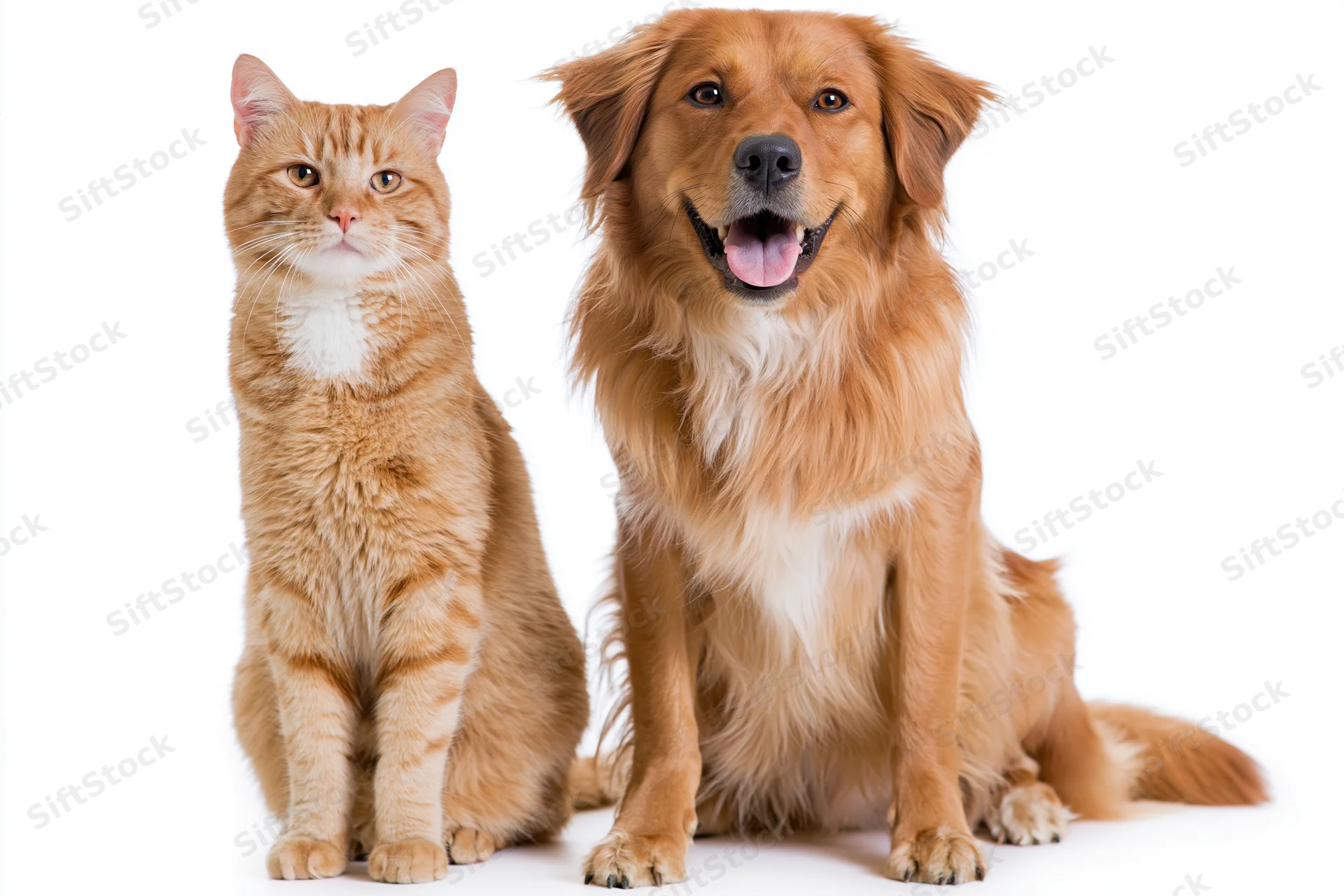 Golden dog and ginger cat sitting side by side in studio portrait on white background