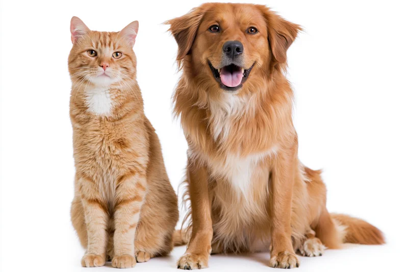 Golden dog and ginger cat sitting side by side in studio portrait on white background