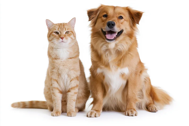 Golden dog and ginger cat sitting side by side in studio portrait on white background
