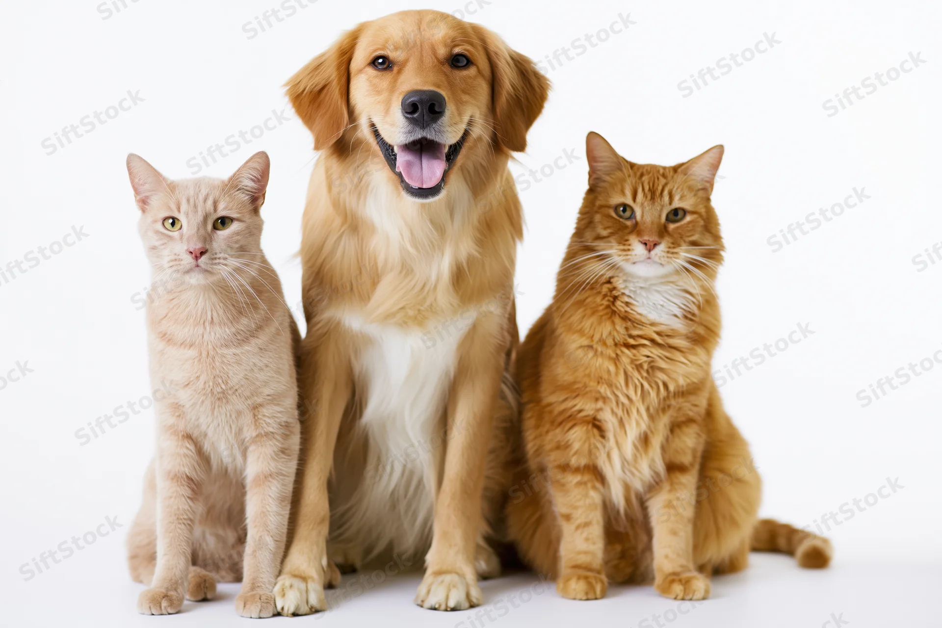 Golden retriever and two ginger cats sitting together in studio portrait