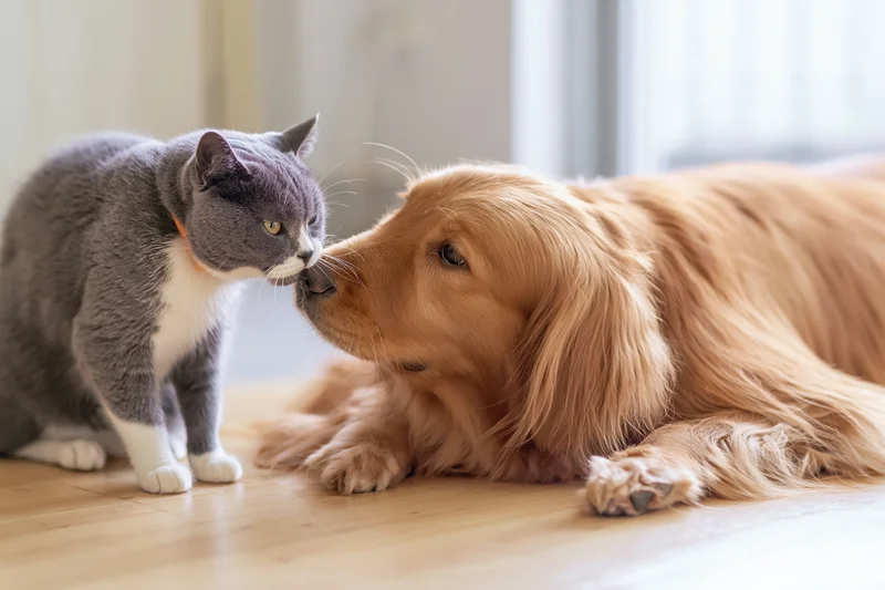 Grey-and-white british shorthair cat nuzzling nose-to-nose with golden retriever dog on wooden floor indoors