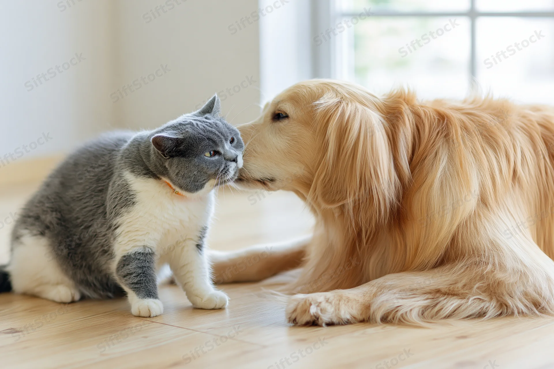 Grey-and-white british shorthair cat nuzzling nose-to-nose with golden retriever dog on wooden floor indoors