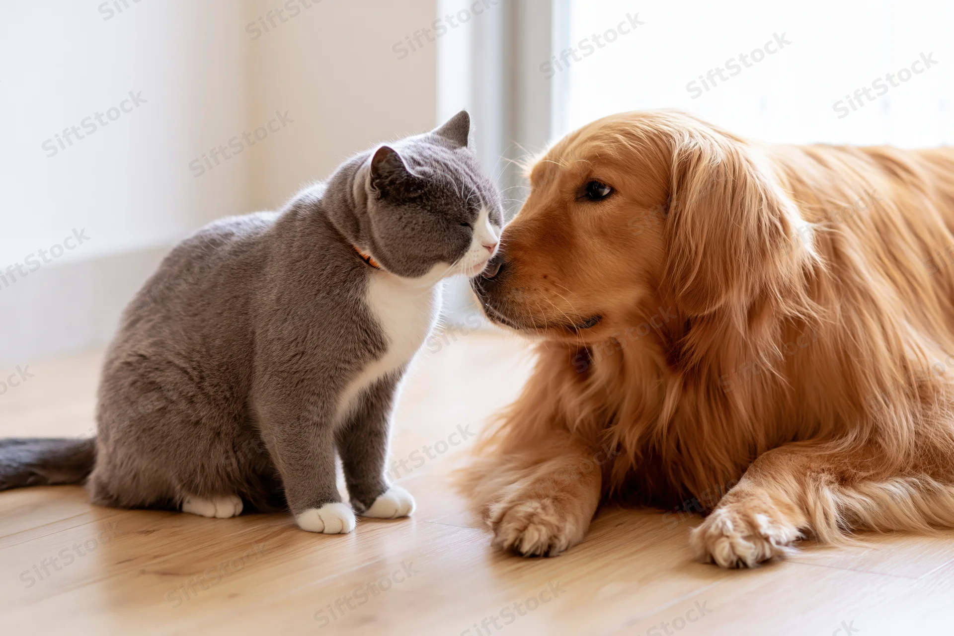 Grey-and-white british shorthair cat nuzzling nose-to-nose with golden retriever dog on wooden floor indoors