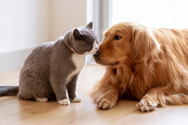 Grey-and-white british shorthair cat nuzzling nose-to-nose with golden retriever dog on wooden floor indoors