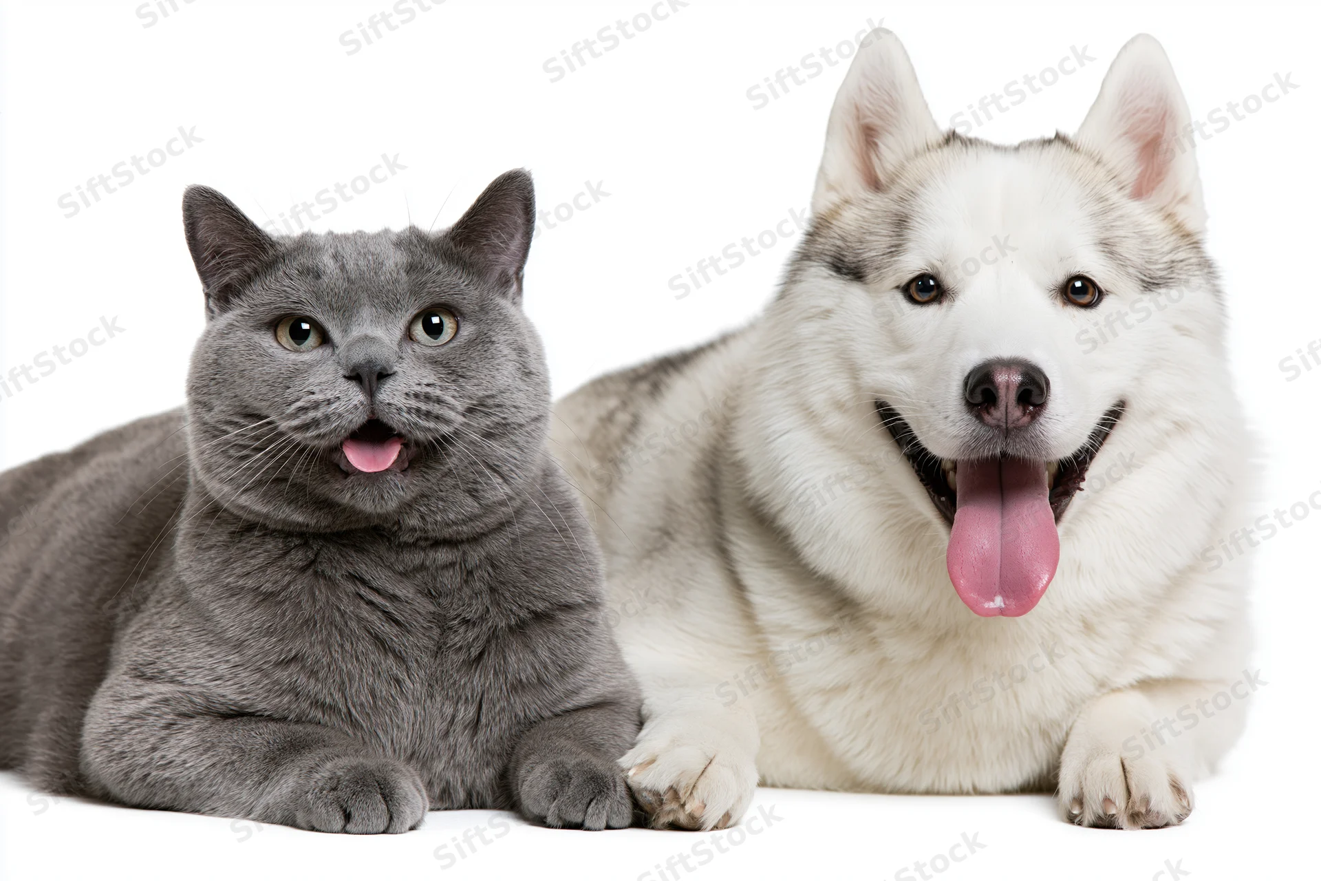 Grey british shorthair cat and white siberian husky dog lying side by side with tongues out in studio portrait