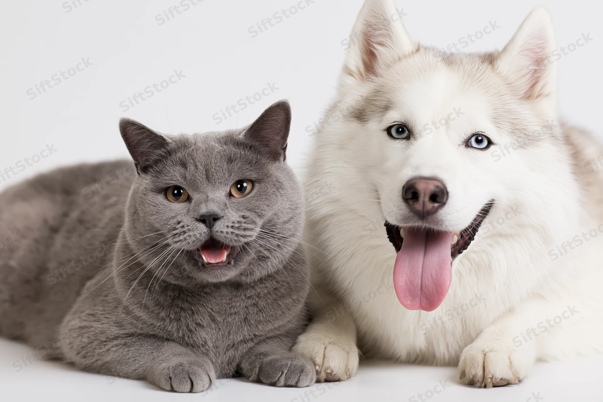 Grey british shorthair cat and white siberian husky dog lying side by side on white background