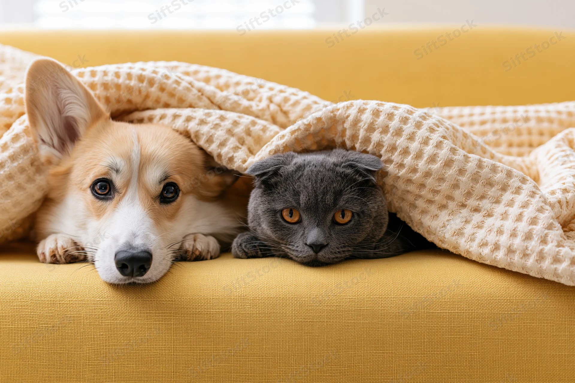 Grey scottish fold cat and pembroke welsh corgi lying together under blanket on yellow couch