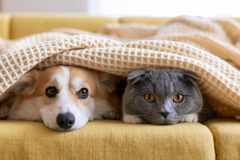 Grey scottishfold cat and pembroke welsh corgi dog peeking from under a beige blanket on a yellow couch